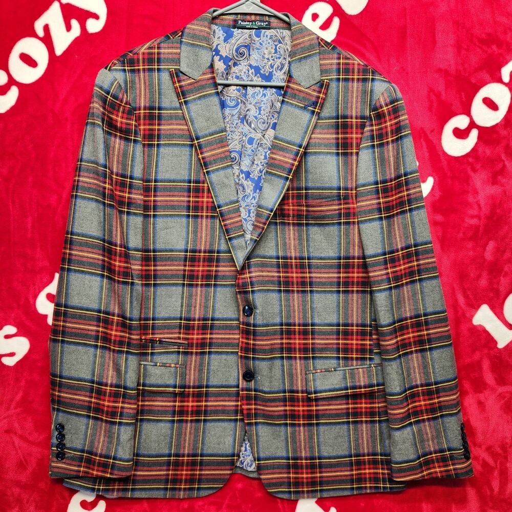 Paisley & Gray Slim Fit Plaid Sport Coat Blazer Men 46R Gray Red Blue Paisley...